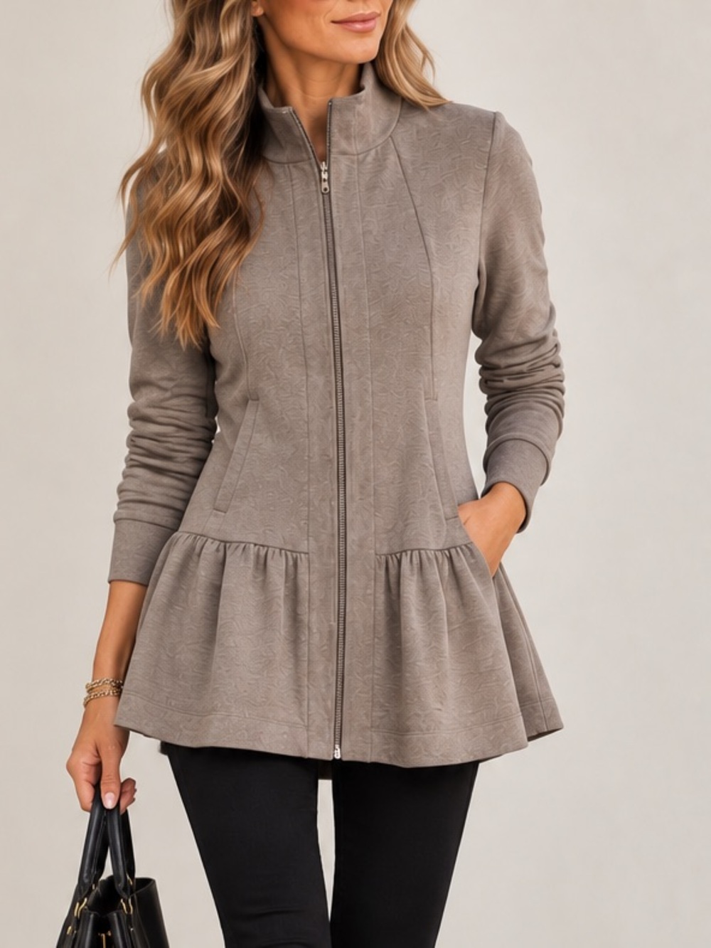 CAbi Weekend Topper Jacket #3543 Peplum Full Zip Cardigan Fossil Brown Small